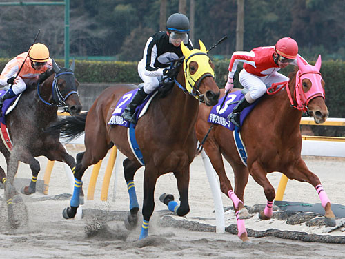 卒業模擬レースを制した森一馬（カリオンツリー、中央）、右は２着の横山和生（テイエムオリオン）、左は３着の高嶋活士（メジロデューチン）