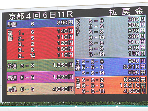 ＜室町Ｓ＞３頭が３着同着となった室町Ｓの払戻金を表示する東京競馬場のターフビジョン