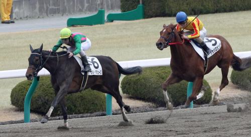 ＜阪神３Ｒ新馬戦＞Ｃ・デムーロ騎乗のウルティマミューズ（左）が快勝