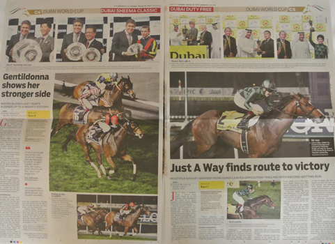 日本馬の連続Ｇ１勝ちをカラー見開きで報じたドバイの有力英字紙「ガルフニュース」