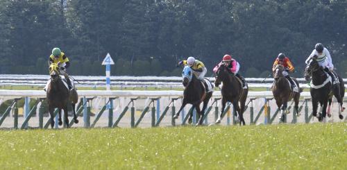 ＜京都競馬６Ｒ・新馬戦＞２着に２馬身半差をつけ圧勝した国分優騎手騎乗のダイアナヘイロー（左）