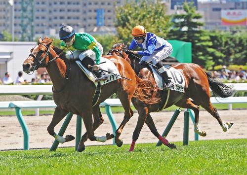 札幌競馬５Ｒ新馬戦（芝１２００）ゴール前の直線で抜け出して勝ったリエノテソーロ（２）と吉田隼人騎手