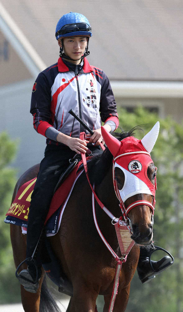 坂井瑠星騎手を背に厩舎周りで調整するラヴズオンリーユー（撮影・亀井　直樹）