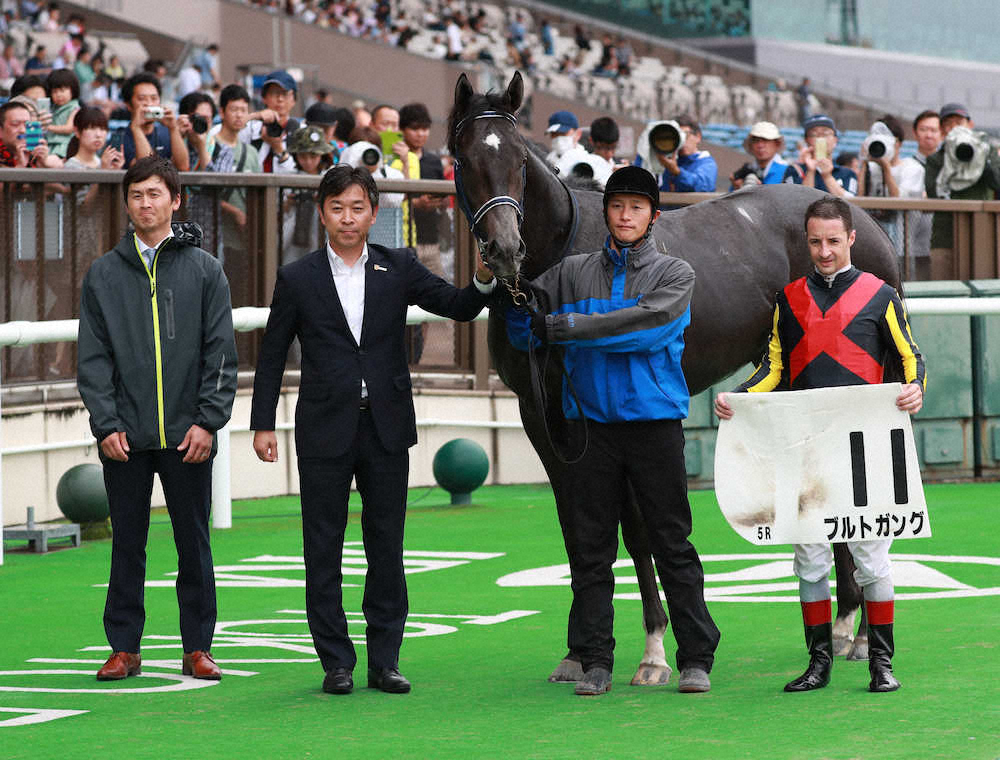 ＜東京競馬5R新馬戦＞レースを制したブルトガングと騎乗したルメール（右端）、管理する手塚貴久師（左から2人目）（撮影・郡司　修）