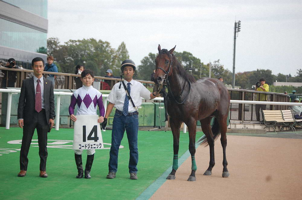 東京4R・2歳新馬戦を勝ったコードジェニック。ゼッケンを持っているのが加藤祥騎手（撮影・小田　哲也）
