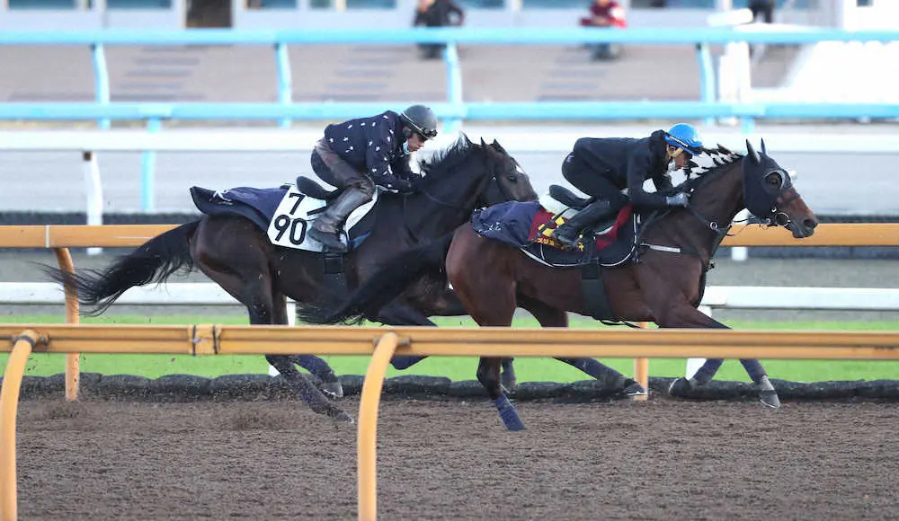 和田竜二騎手を背にCウッドをサンライズナイト（左）と併せ馬で追い切るイズジョーノキセキ