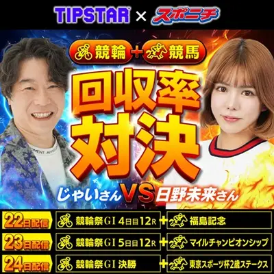 【画像・写真】【競輪×競馬】総合回収率で競う予想対決！じゃい＆日野未来でTIPSTAR×スポニチコラボ企画第6弾