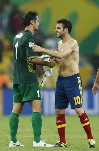 ＜スペイン・タヒチ＞試合後、スペインのセスク・ファブレガス（右）と健闘を称え合うタヒチＧＫロチェ