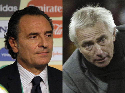 アギーレ監督の後任候補に、前イタリア代表監督のプランデッリ氏（左）や元オランダ代表監督のファンマルバイク氏の名も
