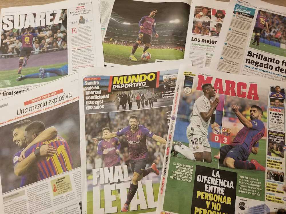 国王杯準決勝から一夜明けた２８日、クラシコでのバルセロナ勝利を報じるスペイン地元紙