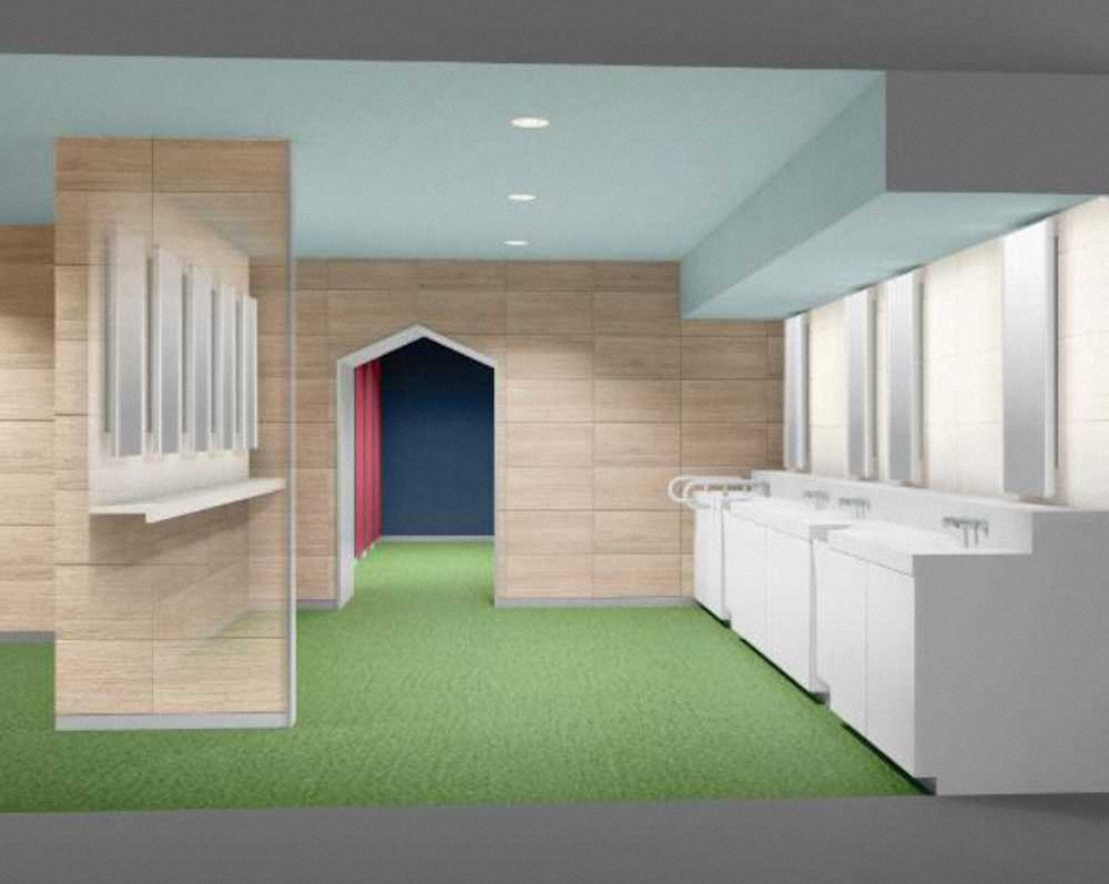 パウダーコーナーも新設されリニューアルされた女子トイレの洗面スペース。鹿島提供（アフター）