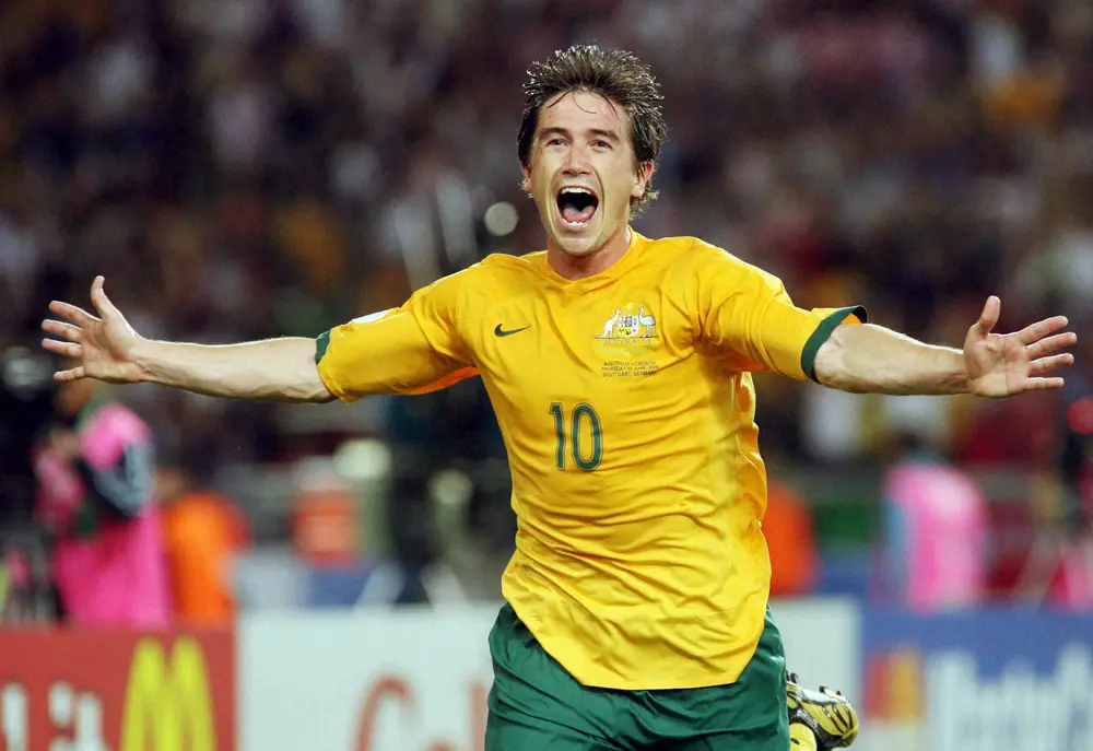 06年W杯ドイツ大会、クロアチア戦でゴールを決め喜ぶオーストラリア代表FWキューウェル（AP）