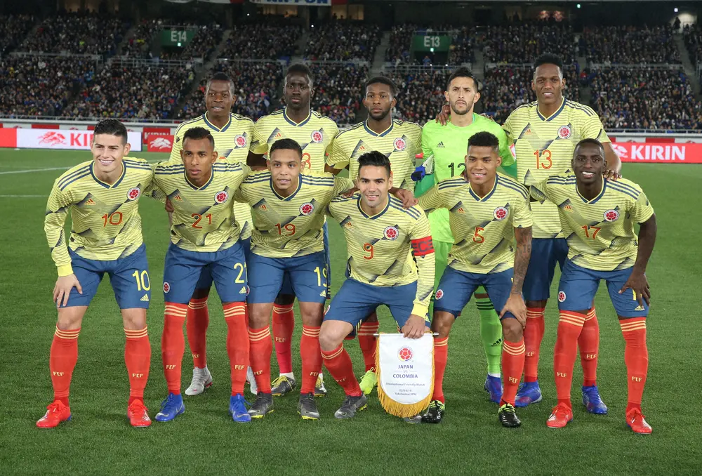 2019年3月の親善試合で来日したコロンビア代表イレブン（左端がMFハメス・ロドリゲス）