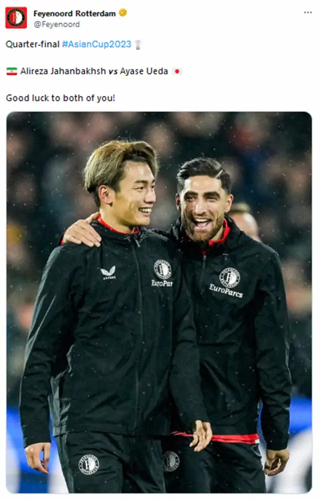 【画像・写真】【アジア杯】日本代表FW上田　フェイエ同僚イラン代表FWとの抱擁がネットで反響「美しい友情」「感動」