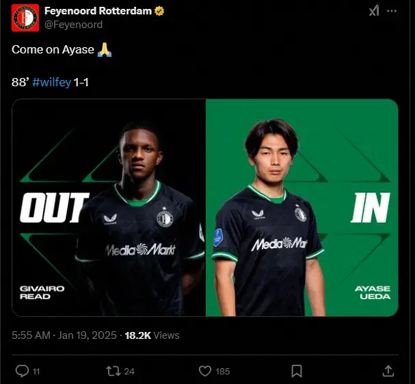 【画像・写真】上田綺世が約2カ月半ぶり公式戦復帰　フェイエノールトで試合終盤に出場