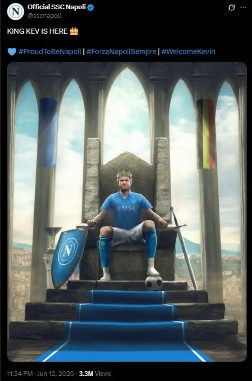 【画像・写真】「キング・ケブはここにいる」…ナポリがデブルイネの入団発表　新天地・セリエA王者の“王様”に