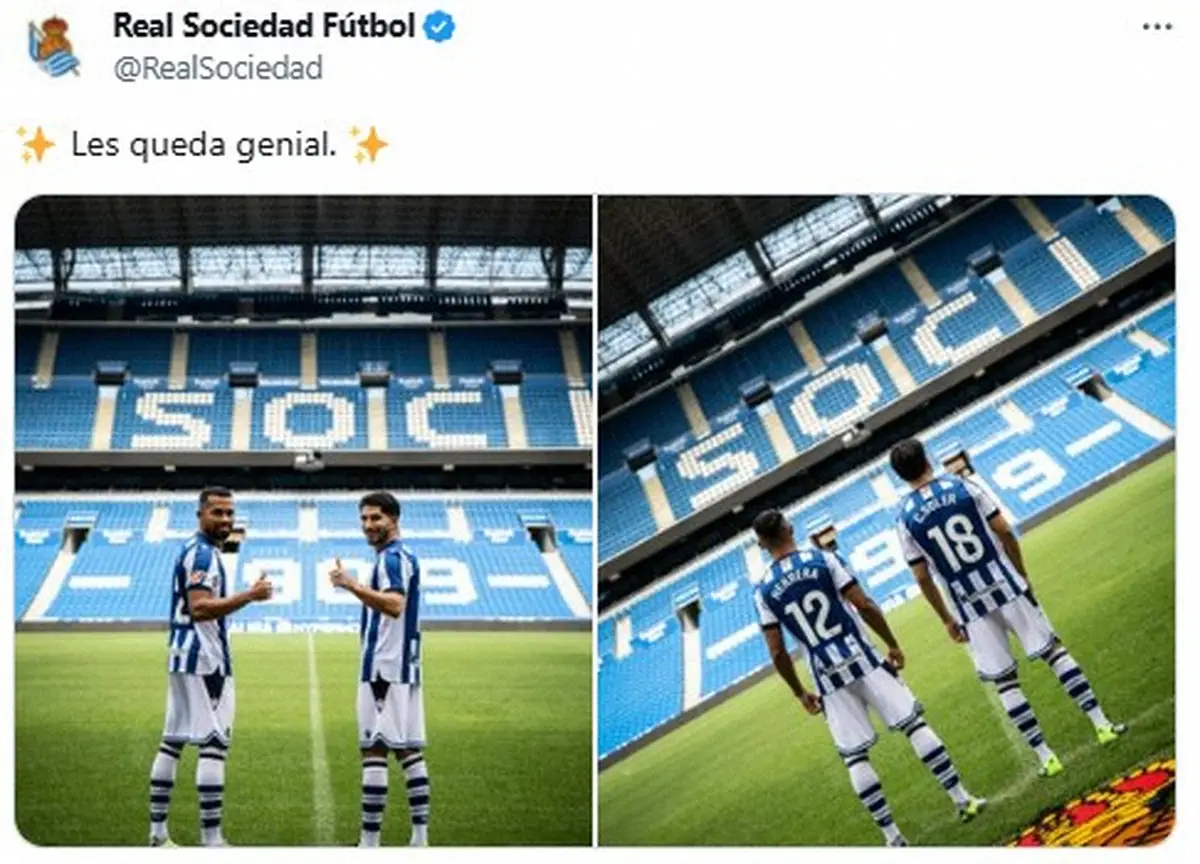 【画像・写真】Rソシエダード公式X（@RealSociedad）から。MFエレーラ（左）とMFソレールが新天地でのユニホーム姿をお披露目した