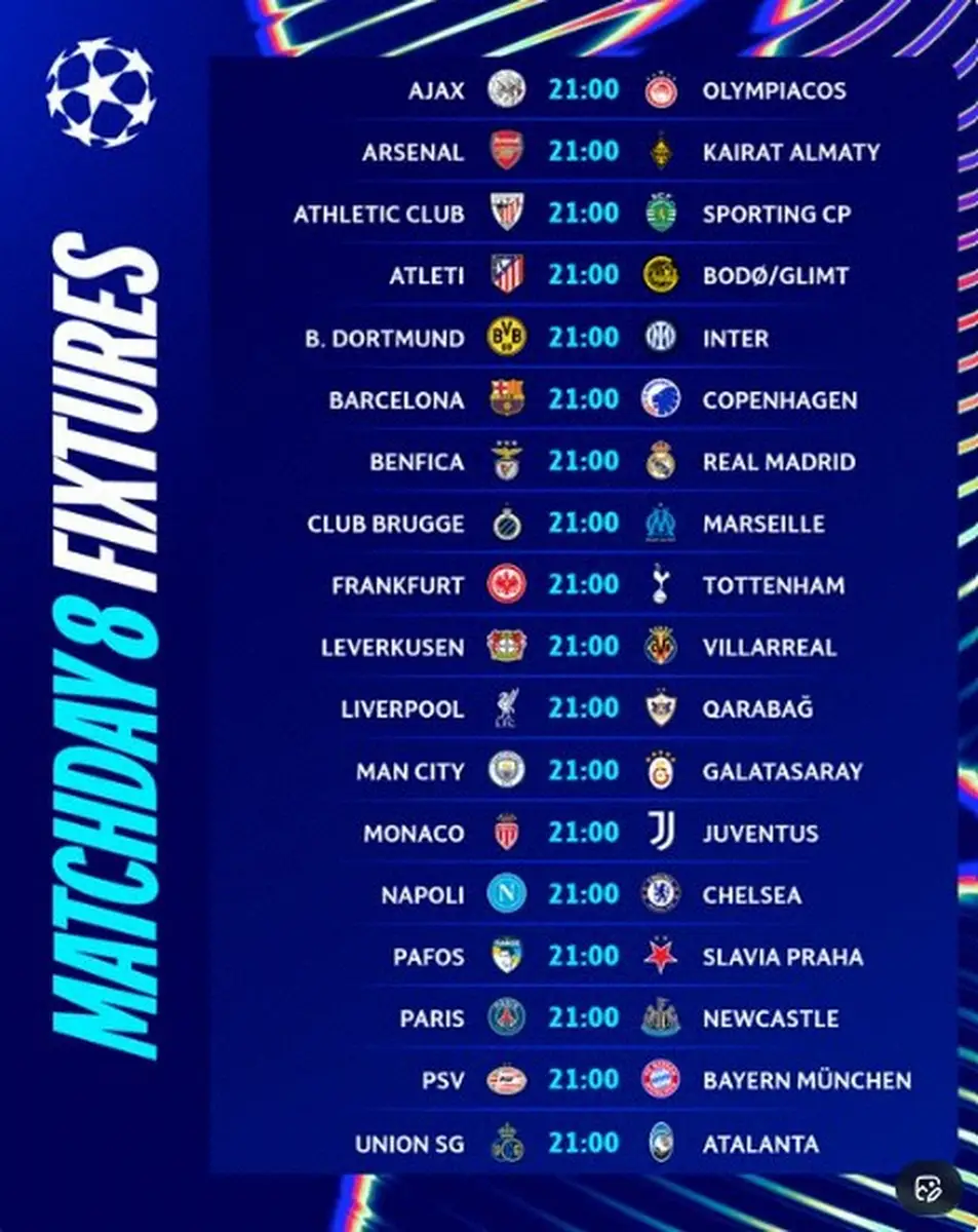 【画像・写真】欧州CL公式X（@ChampionsLeague）から。1次リーグ第8戦の対戦カード一覧