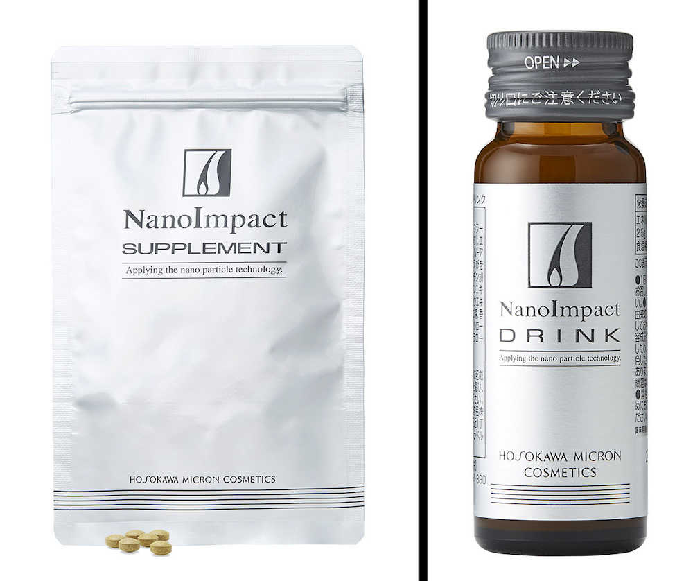 育毛剤補完のサプリと飲料　ホソカワミクロン化粧品が発売した「ナノインパクトサプリメント」（左）と「ナノインパクトドリンク」