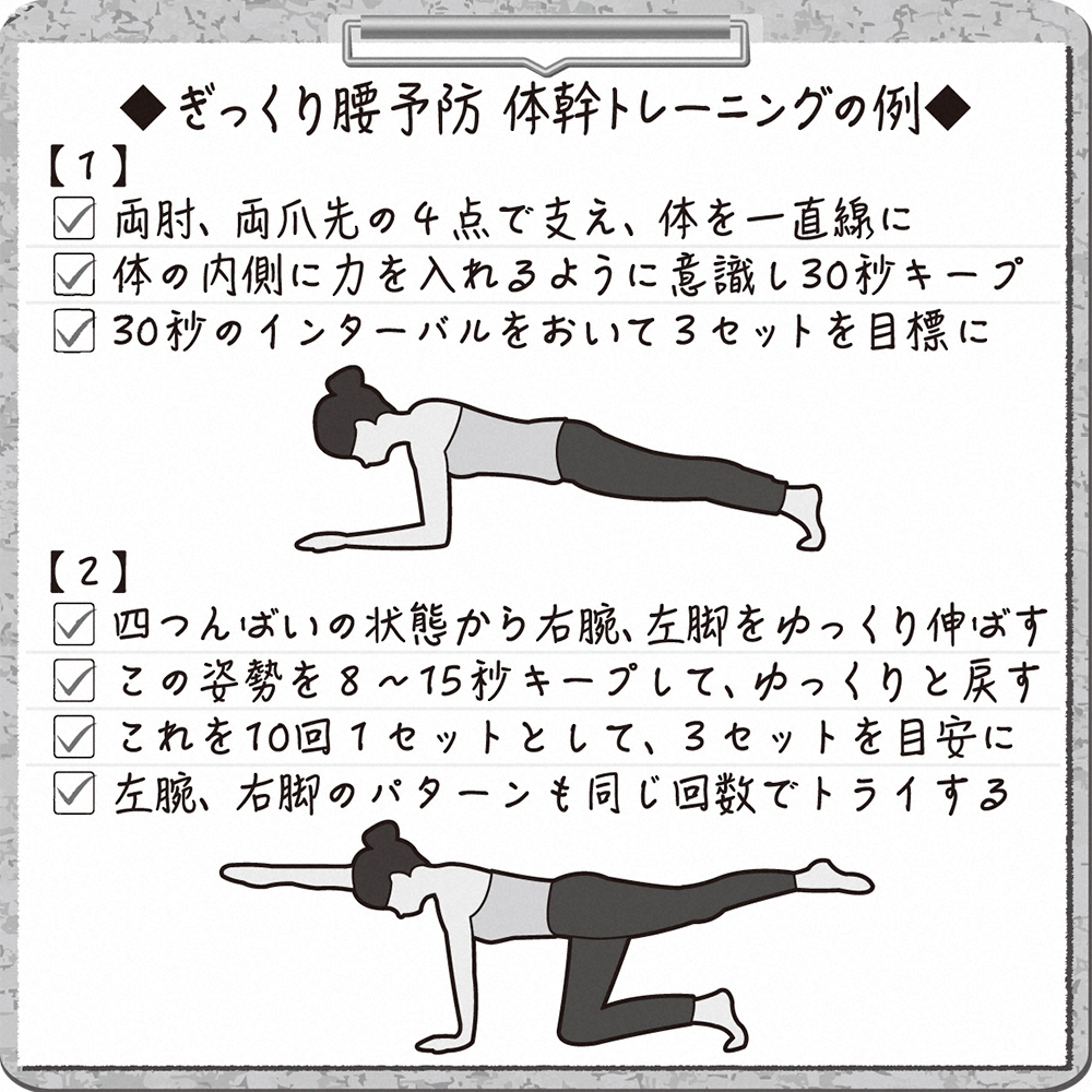 ぎっくり腰予防　体幹トレーニングの例