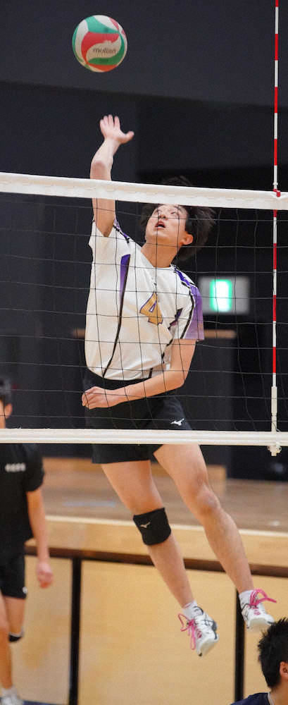 【画像・写真】＜常翔学園バレー部＞高い打点からしなやかなスパイクを放つ八幡谷歩音選手（撮影・井垣　忠夫）