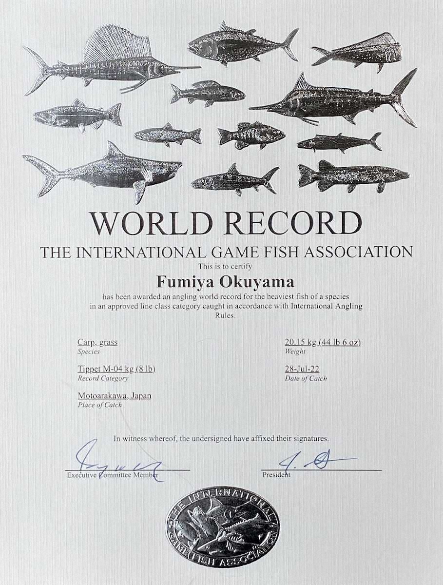 【画像・写真】埼玉で壮挙！！ソウギョ世界記録　昨夏の122センチ・20キロに認定証