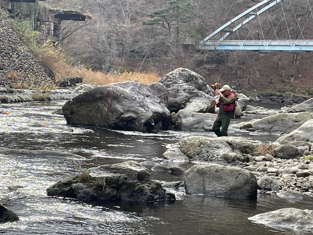 【画像・写真】全力で岩の下に潜り込もうとするオニマスをいなす