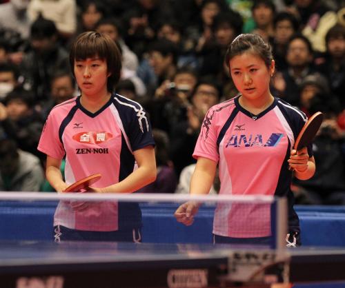 ＜卓球全日本選手権　女子ダブルス＞試合に敗れガックリの福原（右）石川組