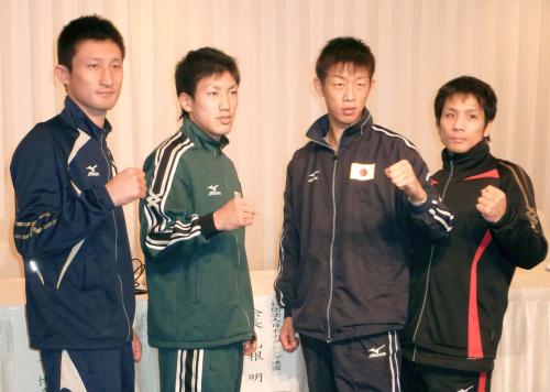 アマチュアボクシングのアジア選手権代表に決まった（左から）川内将嗣、成松大介、清水聡、須佐勝明