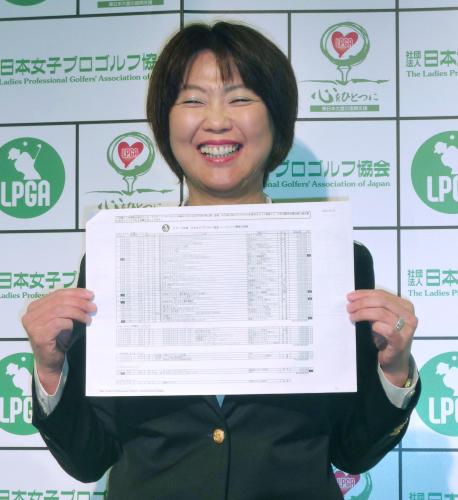来季のツアー日程表を笑顔で掲げる日本女子プロゴルフ協会の小林浩美会長