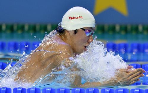 男子１００メートル平泳ぎの準決勝で力泳する山口観弘
