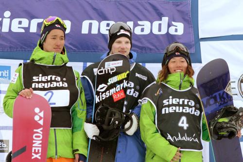 ハーフパイプ男子で表彰台に立つ（左から）２位の子出藤歩夢、１位のヤンネ・コルピ、３位の佐藤秀平（国際スキー連盟提供・共同）