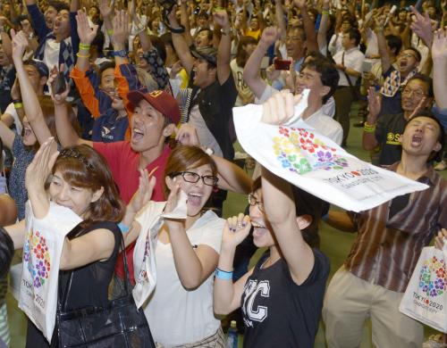 ２０２０年五輪開催都市が東京に決まり、パブリックビューイングの会場で大喜びする人たち