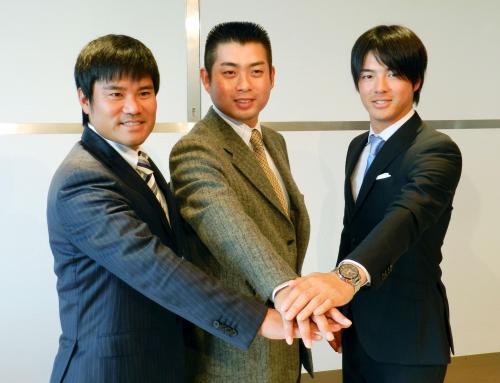 日本ゴルフツアー選手会の会長に再任された池田勇太（中央）と、副会長の宮里優作（左）、石川遼
