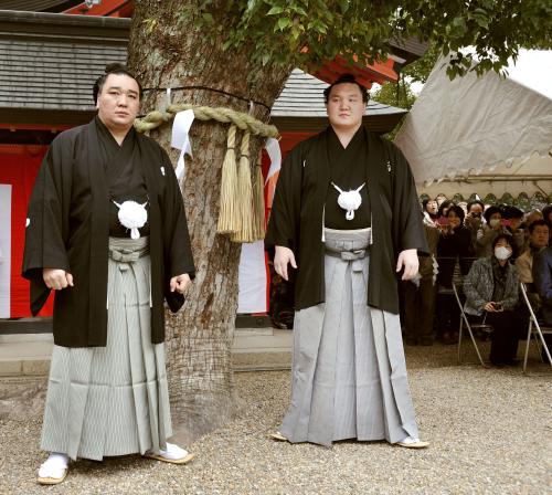 大相撲春場所を前に、住吉大社を参拝した日馬富士（左）、白鵬の両横綱