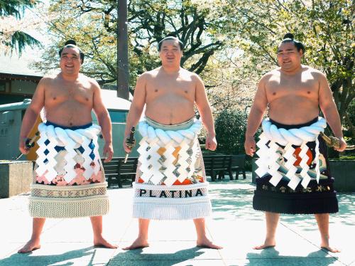 靖国神社で奉納相撲が行われ、土俵入りした（左から）日馬富士、白鵬、鶴竜の３横綱