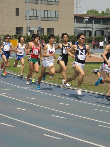 日体大記録会で１５００メートルに出場し競り合う公務員ランナーの川内優輝（左から３人目）