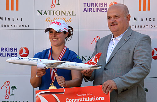 優勝したデリー（左）にターキッシュエアラインズのハムディ・トプチュ会長からビジネスクラス航空券が贈られた