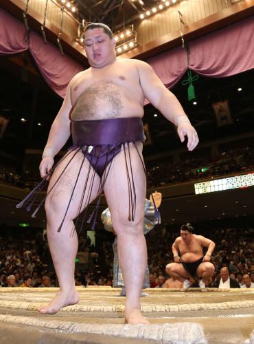 日馬富士にはたきこみでやぶれた遠藤（左）