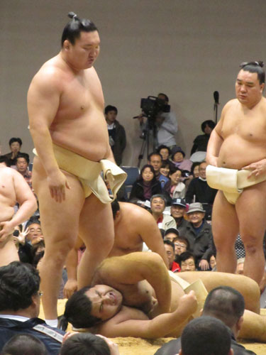 大相撲の冬巡業で高安（下）に稽古をつける横綱白鵬（左）