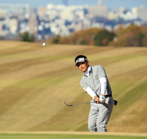 ＜ゴルフ日本シリーズＪＴカップ２日目＞１４番、第３打となるアプローチショットを放つ宮本勝昌