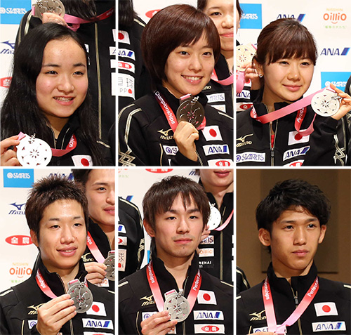 リオ五輪出場が決まった（上段左から）伊藤、石川、福原（下段左から）水谷、丹羽、吉村
