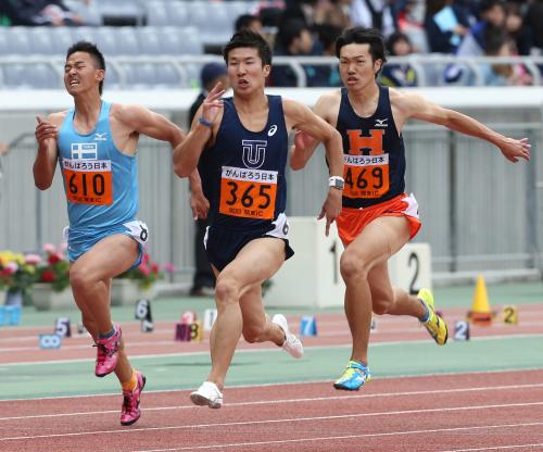 ＜関東インカレ２日目　男子１部１００メートル決勝＞懸命にゴールを目指す（左から）東海大・増田、東洋大・桐生、法大・長田