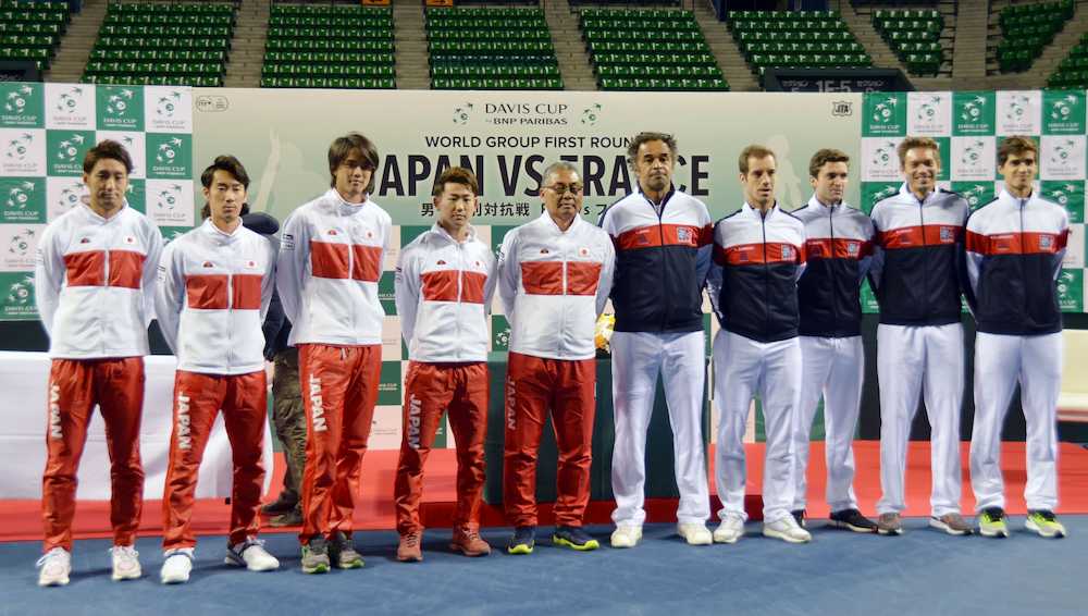 男子テニスの国別対抗戦、デ杯ワールドグループ１回戦で対戦する日本（左）とフランス