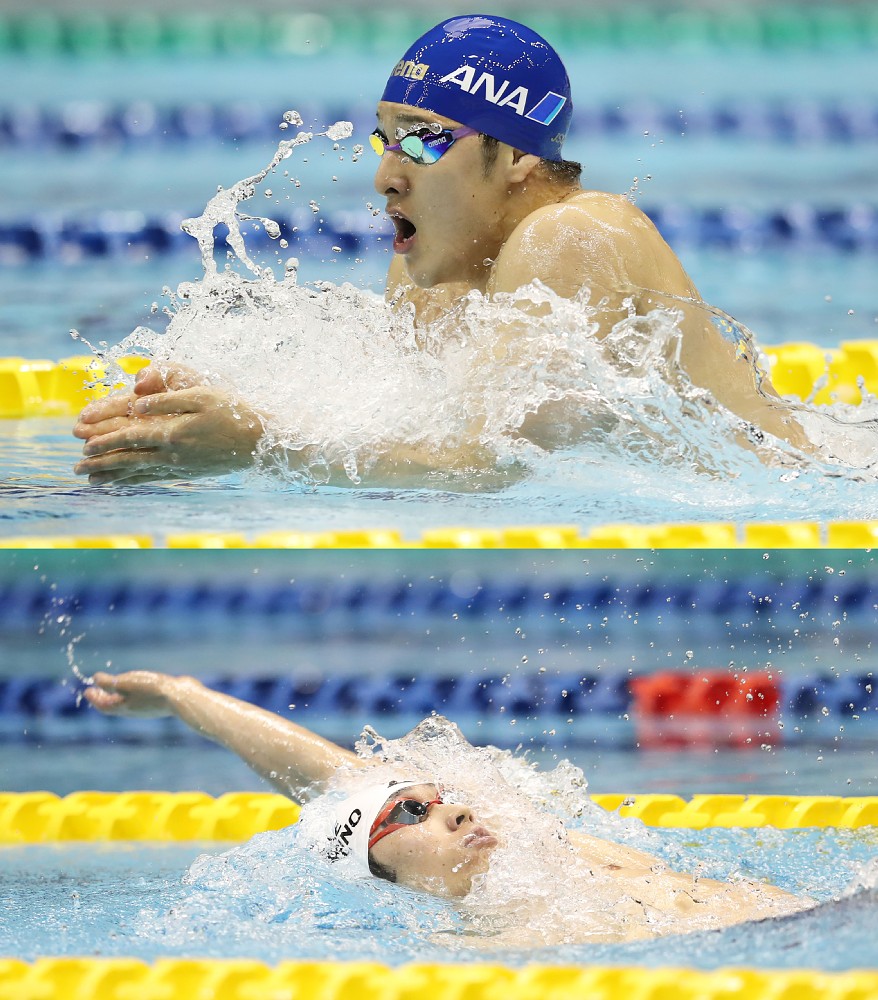 ＜水泳日本選手権　初日＞男子４００ｍ個人メドレー予選を１位で通過した瀬戸大也（上）と３位通過の萩野公介