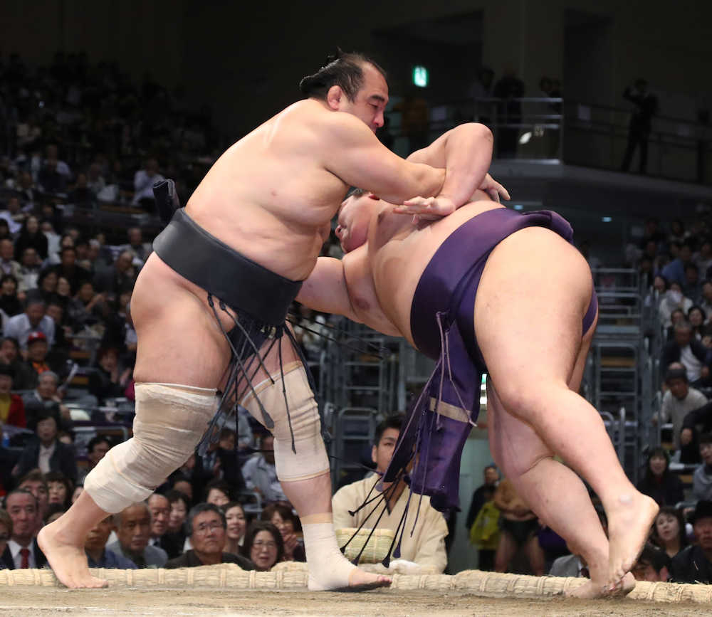大相撲九州場所５日目　大奄美（右）をすくい投げで下す安美錦
