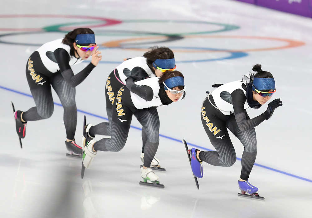 平昌五輪スピードスケート練習　並んで滑る（右から）高木美、高木菜、佐藤、押切