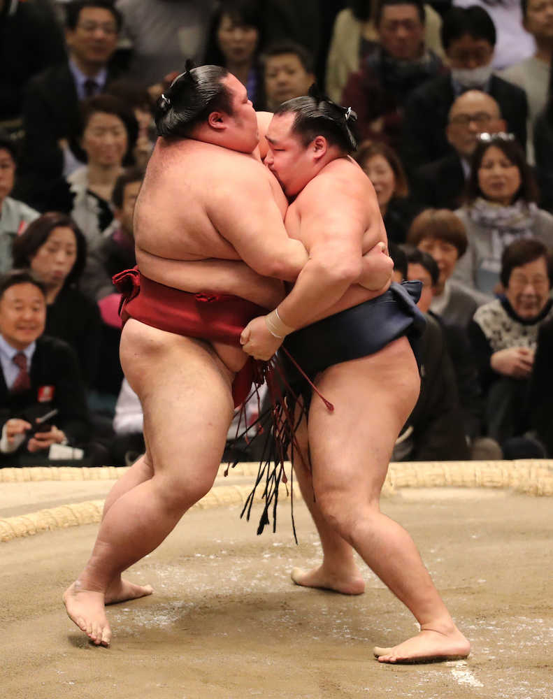 大相撲春場所１０日目　千代丸（左）を寄り切り無傷の１０連勝を飾った鶴竜