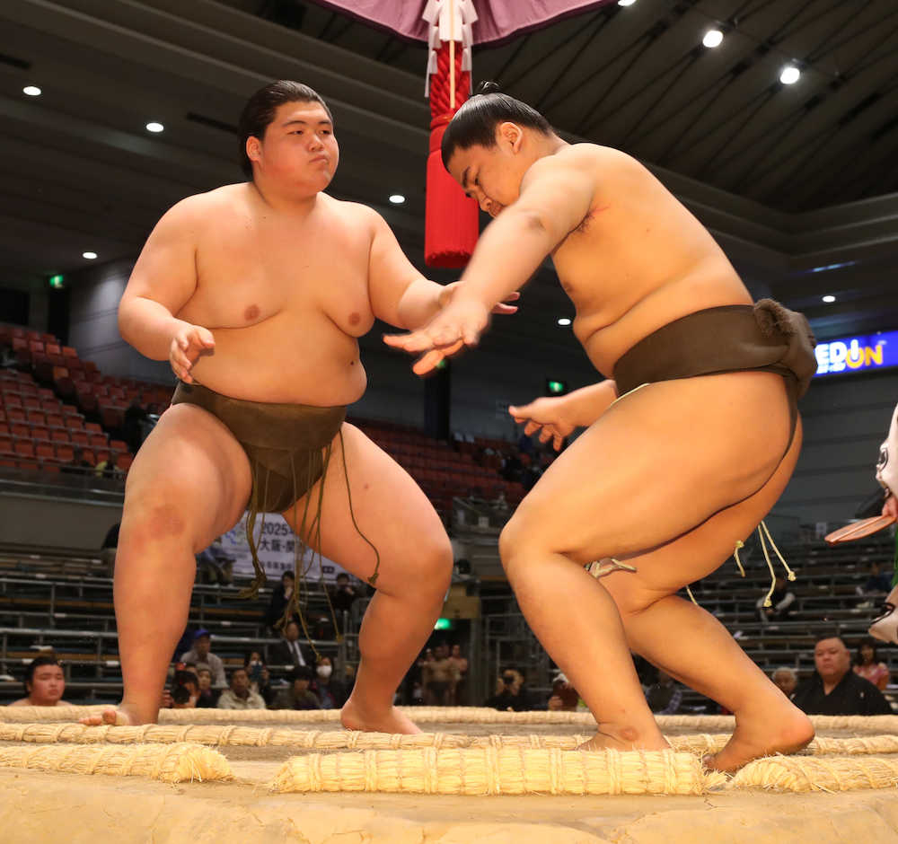 大相撲春場所１３日目　納谷（左）は押し出しで朝日鳳を破り７戦全勝で序ノ口優勝を決める