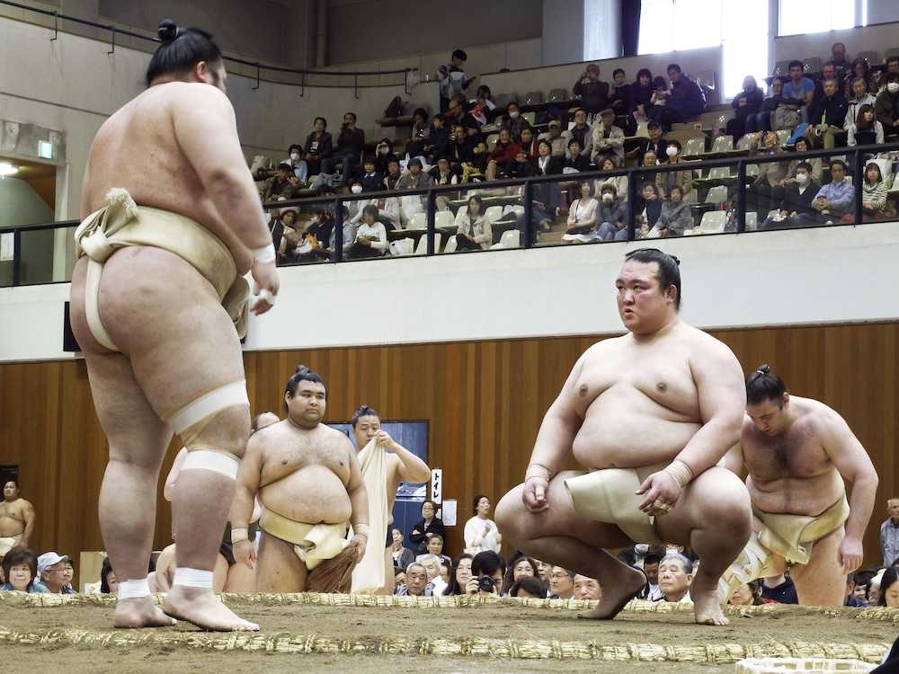 大相撲の春巡業で豊山（左）と稽古する稀勢の里